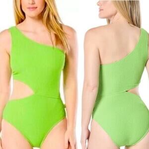 Michael MK Textured One Shoulder Cutout One Piece Swimsuit Green Women 14 NWT